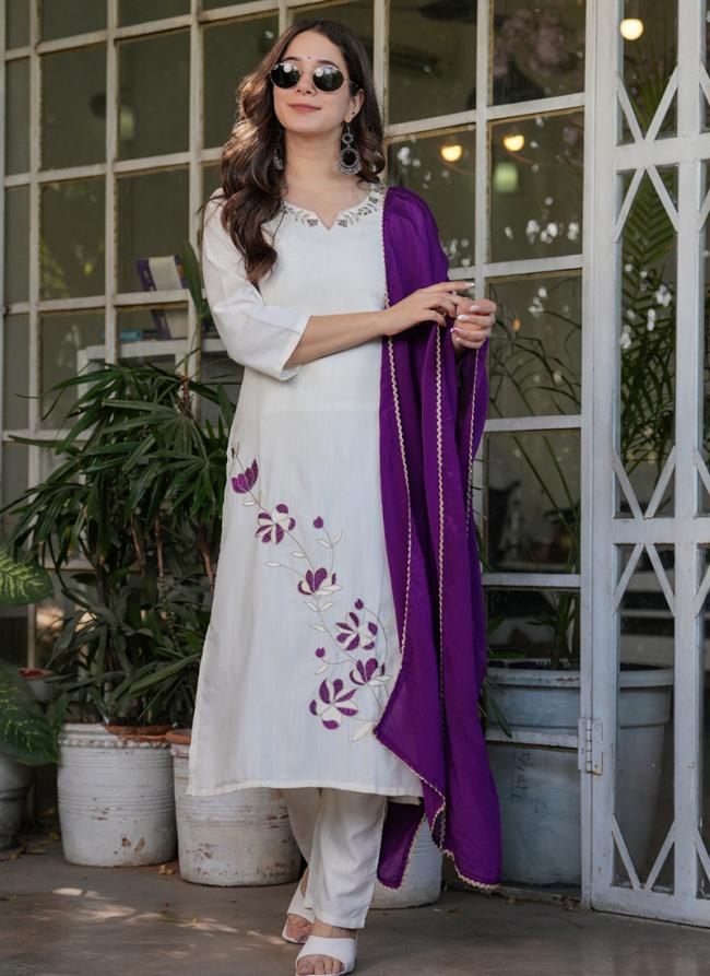 Viscose Rayon White Daily Wear Embroidery Work Readymade Straight Suit